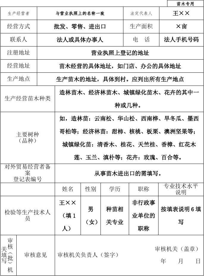 《林木種子生產經營許可證》申請表樣表