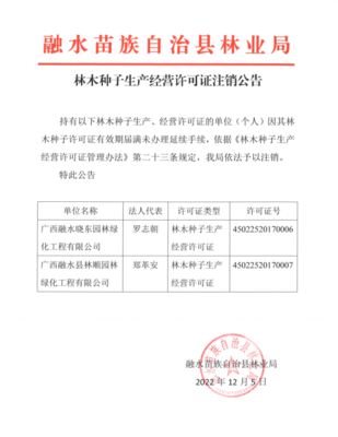 林木種子生產經營許可證注銷公告